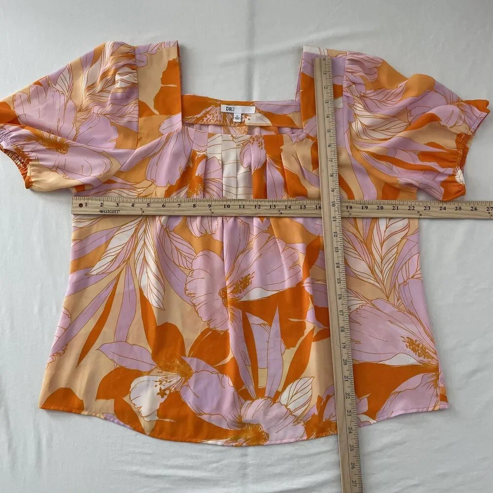 DR2 Blouse Floral Square Neck Short Sleeve Pink Orange Women's Size XL